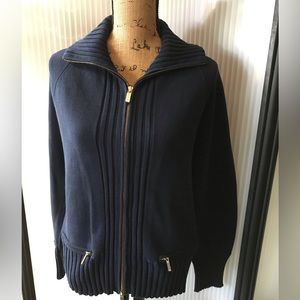 Jones New York cotton deep blue zip sweater. Has 2 usable zip front pockets.